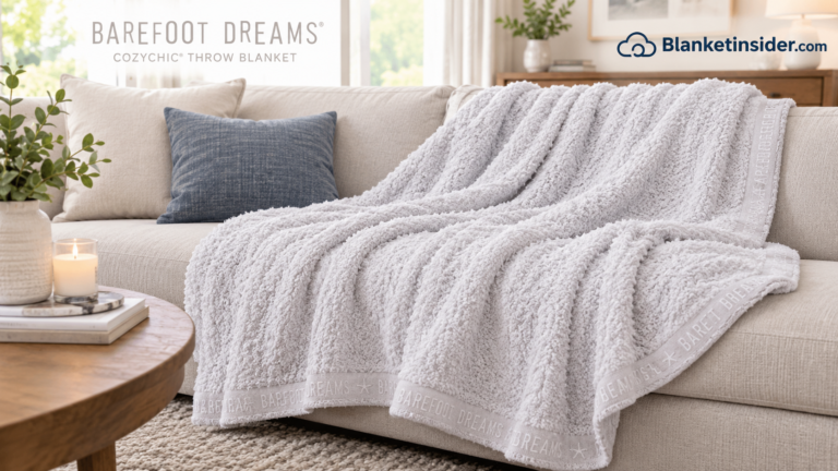 Barefoot Dreams CozyChic throw blanket draped over a sofa