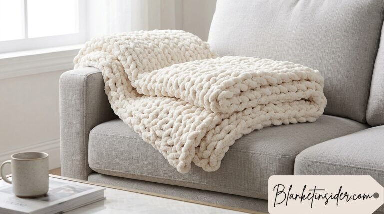 Chunky knit chenille crochet-style throw blanket folded over the arm of a sofa