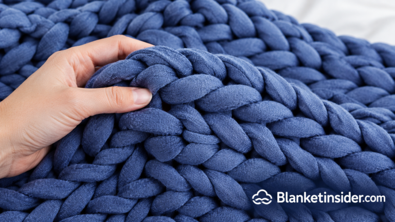 Close-up of the thick hand-knit loops on a Bearaby weighted blanket