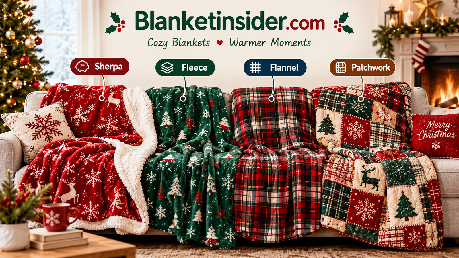 Illustrated grouping of Christmas throw blankets in sherpa, fleece, flannel and patchwork styles on a cosy sofa