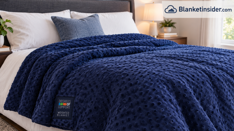Degrees of Comfort weighted blanket draped over a bed