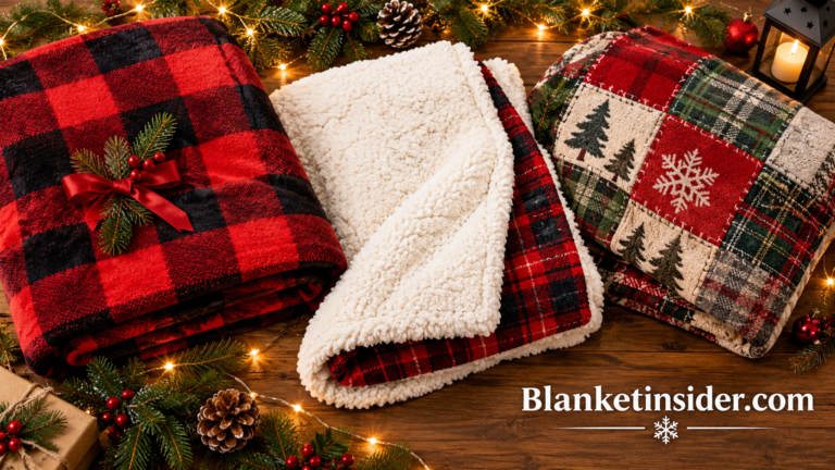Festive flat-lay of Christmas throw blankets in buffalo plaid, sherpa and patchwork styles with pine sprigs and warm lights