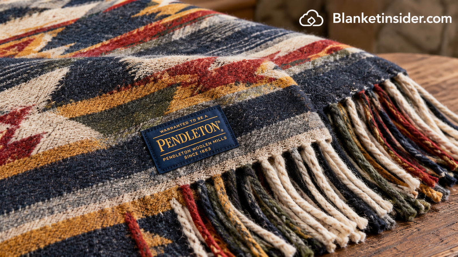 Close-up of a Pendleton wool blanket pattern and fringe