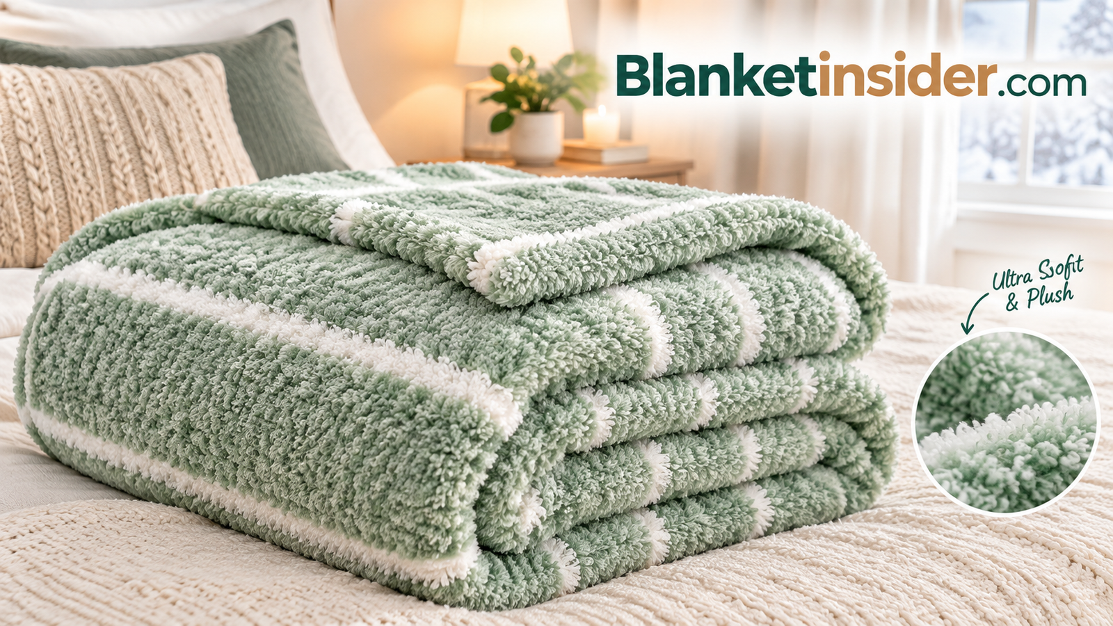 Plush winter blanket shown in soft neutral tones, highlighting fabric texture and loft