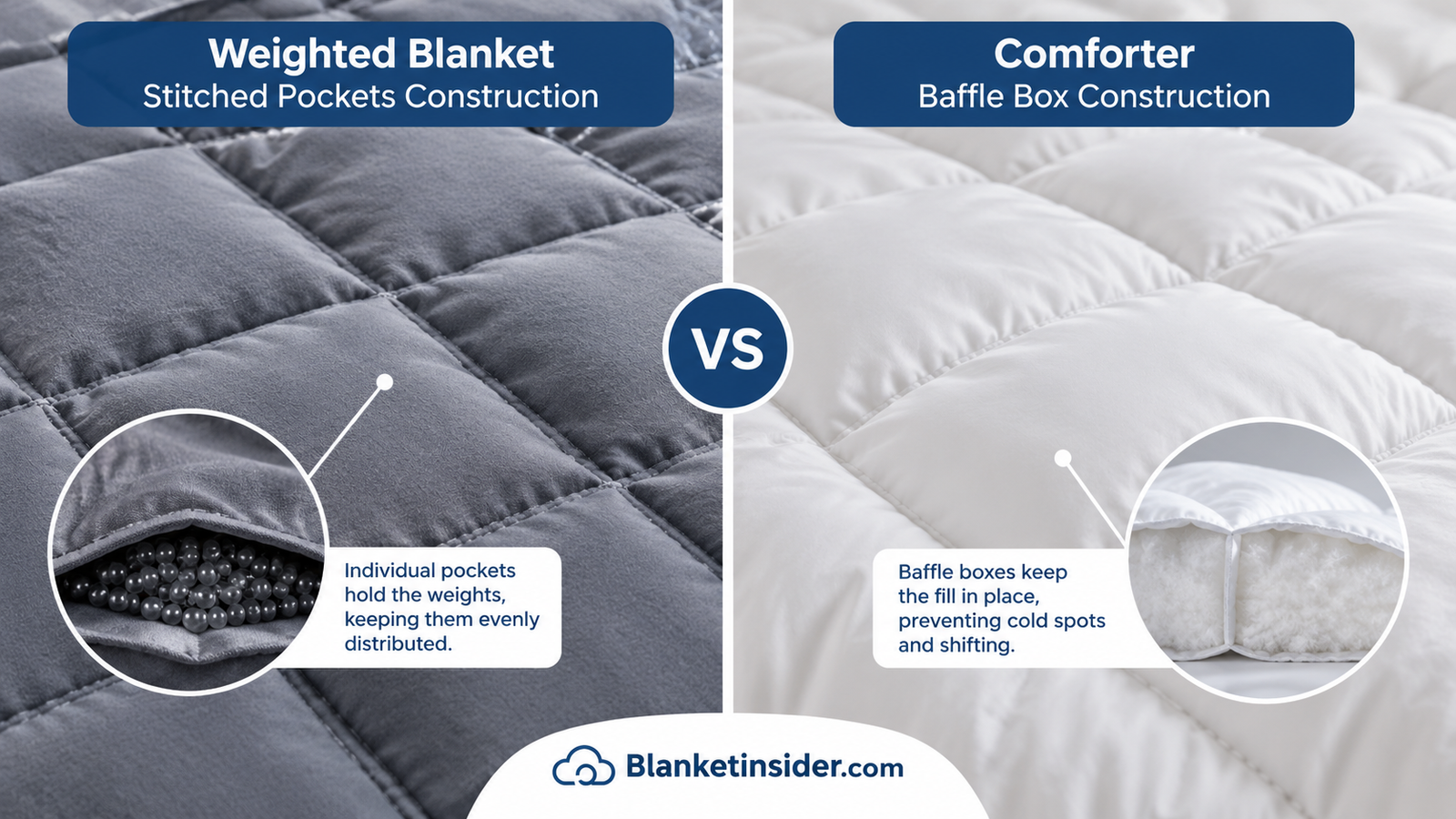 Close-up comparison of weighted blanket stitched pockets and comforter baffle box construction